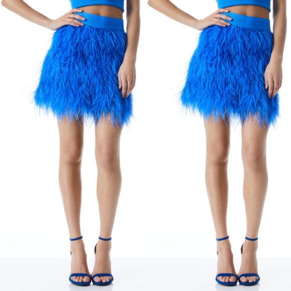 Alice + Olivia Cina Ostrich Feather Mini Skirt Sz 0 Palace Blue Solid Waistband - Picture 1 of 9